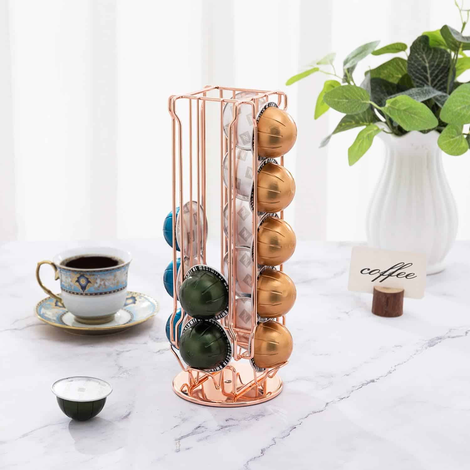 MyGift Rose Gold Metal Coffee Pod Capsule Holder Stand Rotating Carousel: A Stylish and Functional Coffee Storage Solution